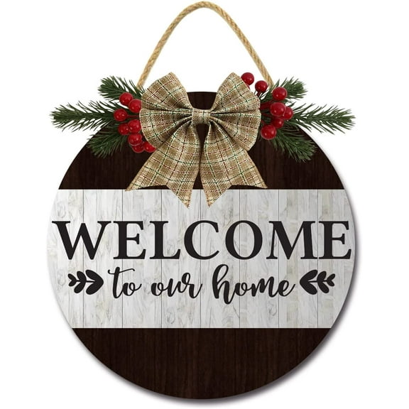 Eveokoki 12" Welcome to Our Home Signs for Front Door Farmhouse Porch Rustic Round Wooden Hanging Wreaths for Housewarming Gift Christmas Festival Decoration Outdoor Indoor Wall Decor