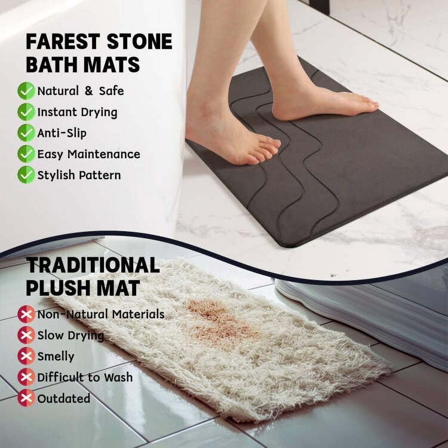 2 Pack Stone Bath Mat, Diatomaceous Earth Fast-Drying & Super Absorbent Diatomite Mats for Bathroom,Grey,23.62*15.35in