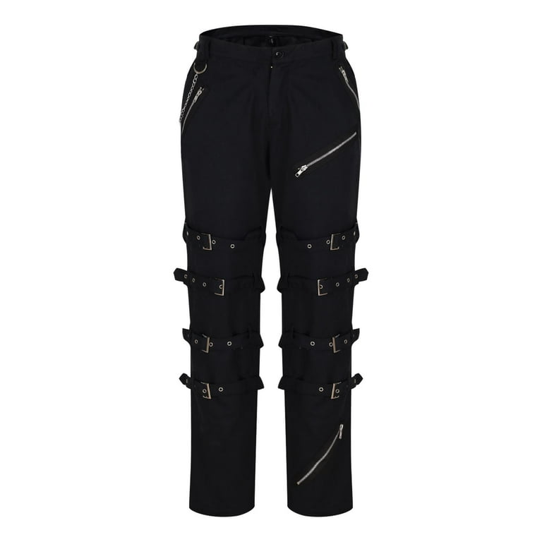 HOOMEUMY Men's Black Gothic Laced Pant Men Straps Metal