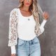 thumbnail image 2 of Blusas tipo pulóver con cuello rectangular para mujer, blusas informales con manga larga acampanada, camisas de punto acanaladas para ir de compras y fiesta, color blanco S, 2 of 6