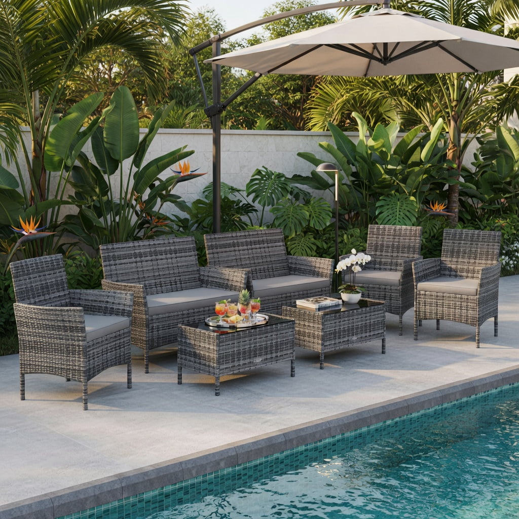 Hommoo 4-Piece Outdoor Rattan Conversation Set with Tempered Glass Coffee Table, PE Wicker, Gray