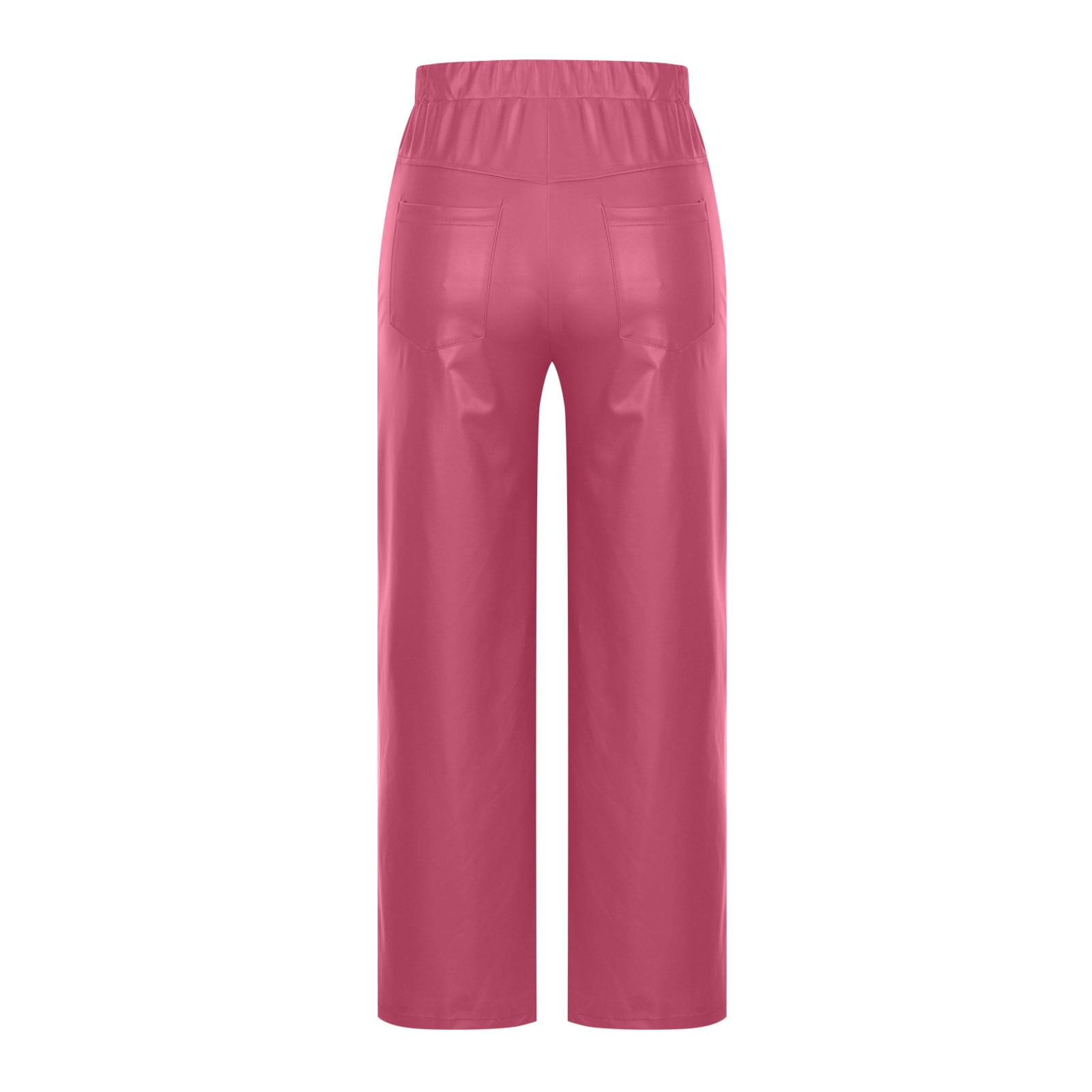 Moxiu Women's Casual Faux Leather Pants High Waisted Button Elastic Loose Straight Leg Hot Pink,S
