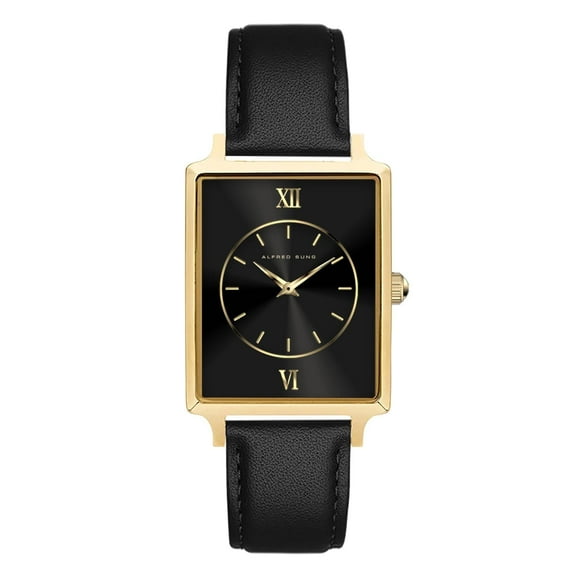Alfred Sung Ladies Horizon Gold Black Dial Leather Watch