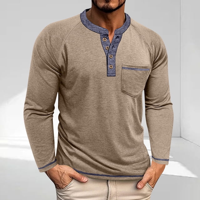 Chbgutlmr Shirts for Men Notched V Neck Button Long Sleeve Comfy Fall Casual Work Shirts Tops Pockets