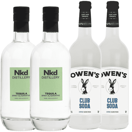 Nkd Distillery Tequila 2 Pack Alternative Premium Non-Alcoholic Spirit 750 ML Bottles w 2 Pack Owen’s Mixers Club Soda 750 ML Bottles - Perfect for Mocktails - A