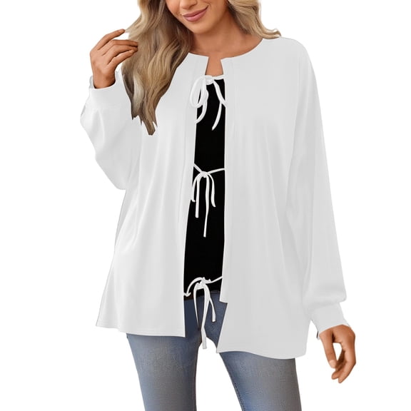 Fiaer Casual Loose Long Sleeve Cardigan Sweaters For Women Solid Color Drawstring Belted Comfortable Crew Neck Tops For Daily White XL