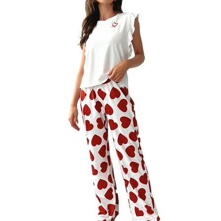 Tweang Short Sleeve Long Pant PJs Silky PJ Set Loose Fit 2 Piece Outfits Pullover Tops Wide Leg Pants Matching Sets Clothing Loose Short Sleeve Tops Home Suits Pajamas Lounge Set Casual Pajamas Red M