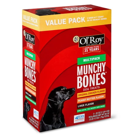 Ol' Roy Munchy Bones Dog Treats Value Pack, Chicken, Liver & Peanut Butter, 60 oz. (21 (Best Treatment For Bone On Bone Knee Pain)