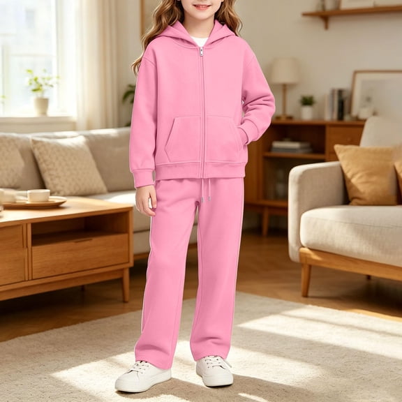 Abcomgle Teen Girls 2 Piece Outfits Size 10-12 Fleece Full Zip Long Sleeve Jackets and Straight Leg Jogger Hooded Tracksuit Kids Girls