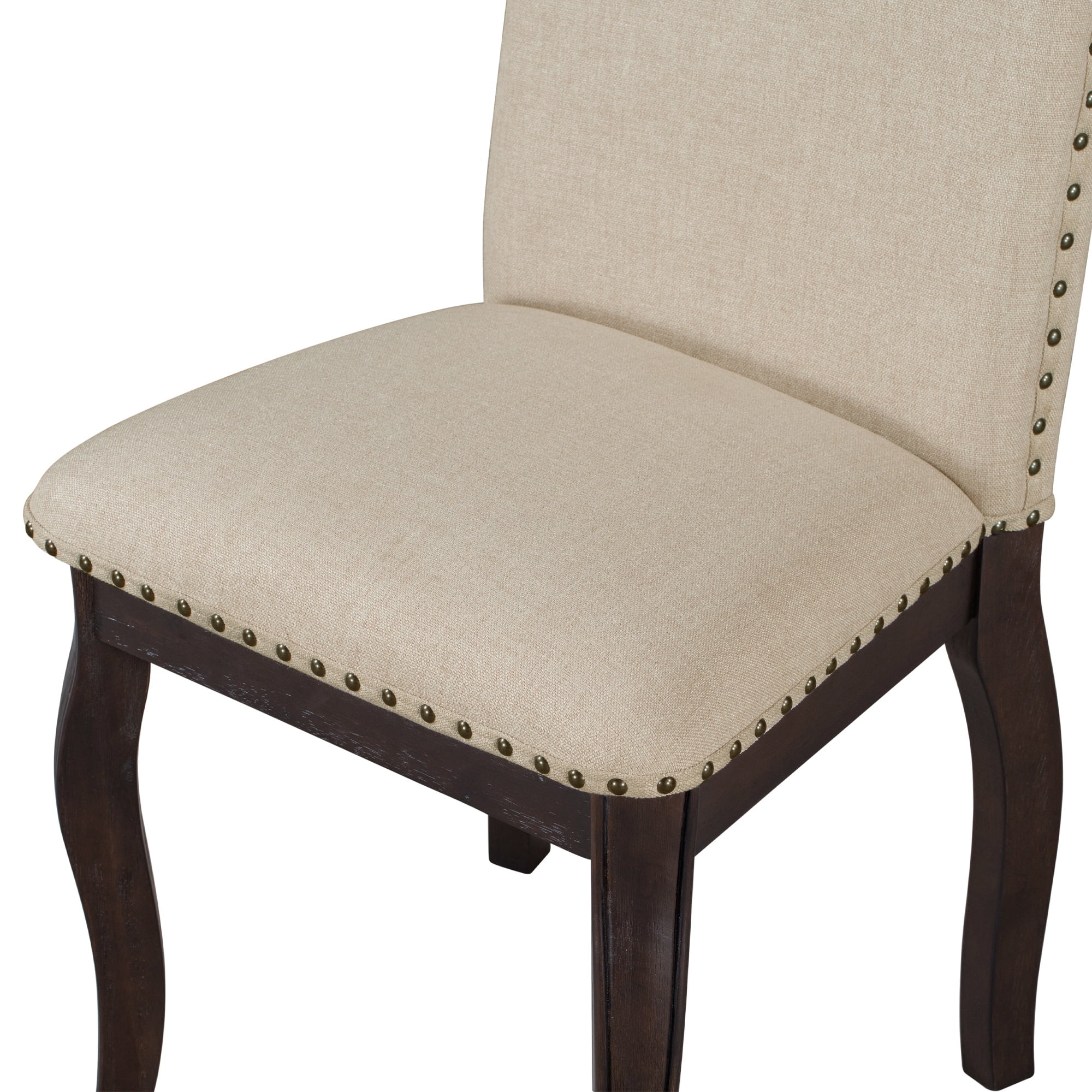 PORKISS Set of 2 Dining Chairs, High Back Upholstered Kitchen Chairs with Solid Wood Frame, Curved Legs and Bronze Nailhead Trim, Espresso Finish with White Fabric