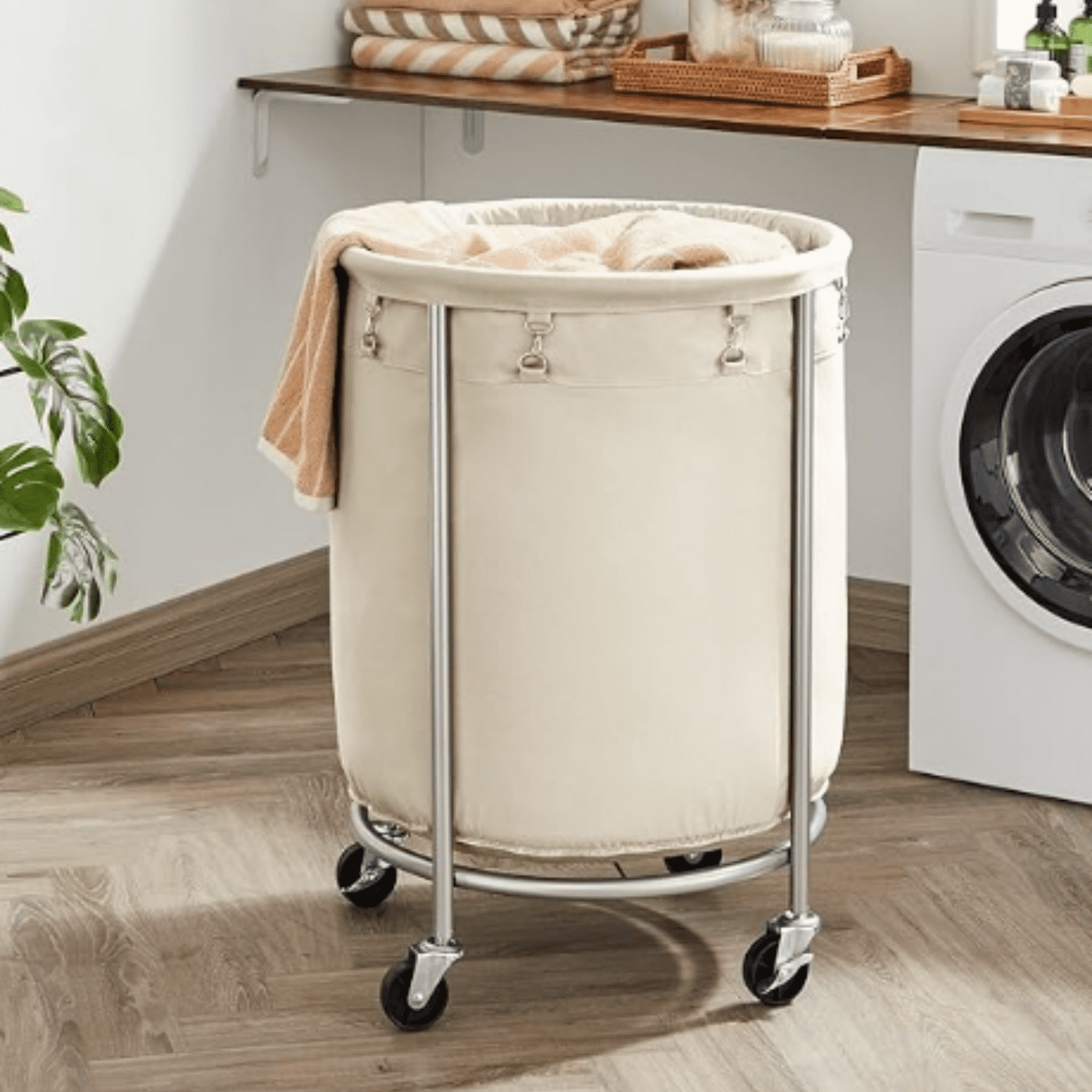 Laundry Basket with Wheels, Rolling Laundry Hamper, 45 Gal., Roun Laundry Cart with Steel Frame an e vable Bag, 4 Casters an 2 Brakes, Cream an Silver URLS01MZ