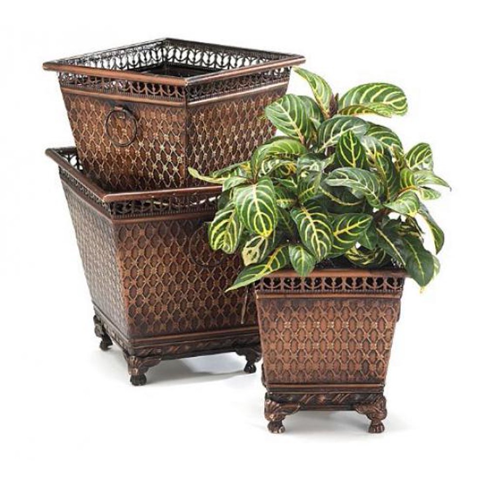 Set of 3 Decorative Metal Planters with Diamond Design and Claw Feet