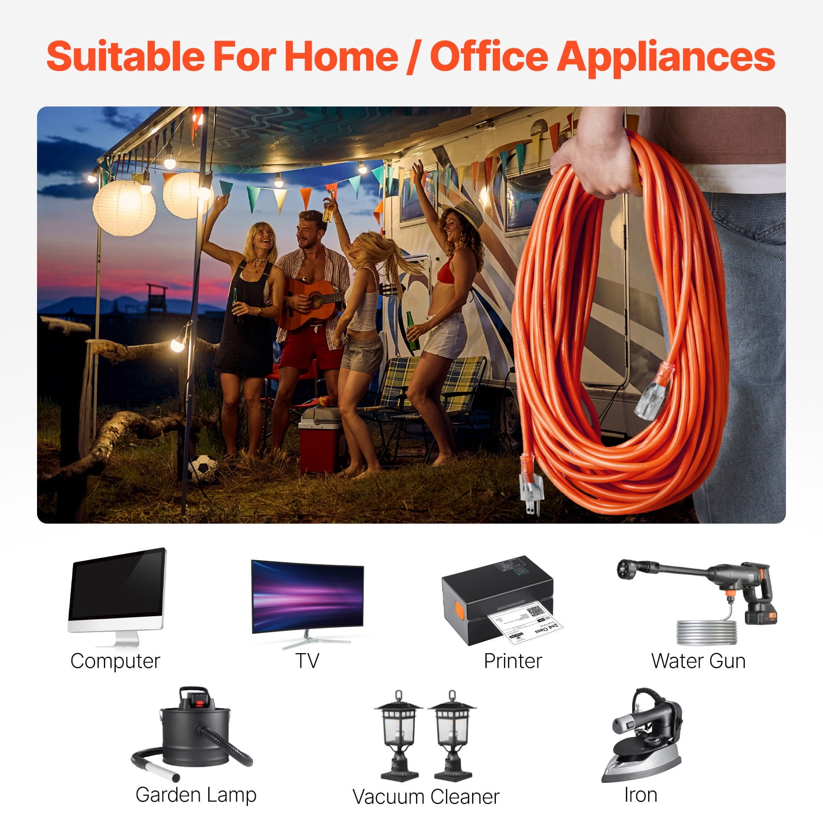 KFFKFF 100FT Indoor Outdoor Extension Cord, 16AWG 10Amps 1250W, 3-Prong Electric Cable with Illuminated End, Flexible and Cold-Resistant to -40°C, Suitable for Office and Home Use, ETL Certified