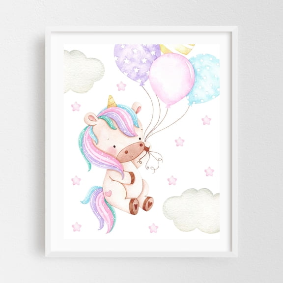 Magic Unicorn, Balloons, Stars, Clouds, Girl Nursery - Illustration Watercolor Whimsical Pastel Fantasy Stars White Framed Wall Art Print 9 x 12 inches