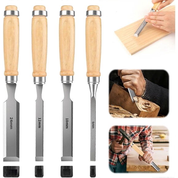 Ensemble de 4 Biseaux en Bois - Ensemble de Biseaux en Acier au Carbone Trempé avec Manche en Bois - Outils de Menuiserie pour Travail de Précision 6/12/18/24 mm