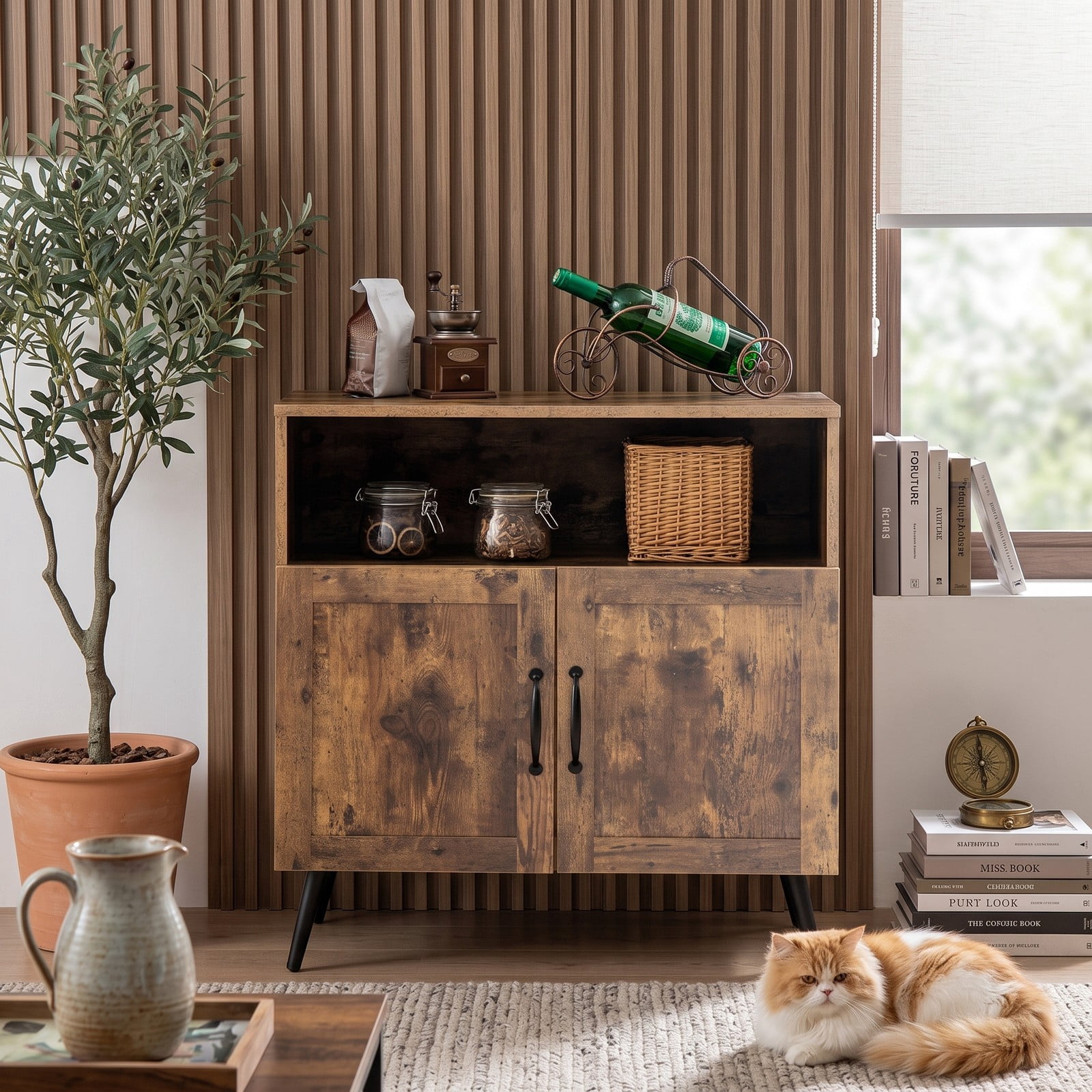Furnibear Mid-Century Wooden Storage Cabinet Sideboard Buffet with Wine Glass Holders, Open Shelf, 2 Enclosed Cabinets for Living Room Dining Room Kitchen, Rustic Brown