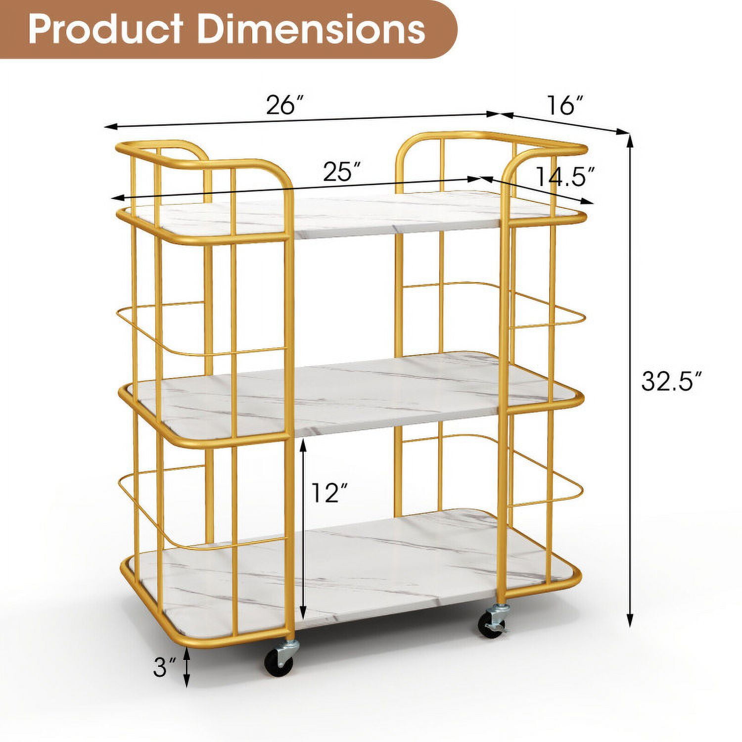 Finihen Rolling Cart, Kitchen Island Cart, 3-Tier Metal Kitchen Storage Serving Cart Trolley with Marble Tabletop and Handles, for Kitchen, Dining Room, Golden Finihen Rolling Cart, Kitchen Island Cart, 3-Tier Metal Kitchen Storage Serving Cart Trolley with Marble Tabletop and Handles, for Kitchen, Dining Room, Golden
