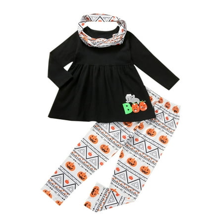 

Canrulo Kids Baby Girls Halloween Clothes Set Pumpkin Long Sleeve Tops Long Pants Scarf Black 3-4 Years