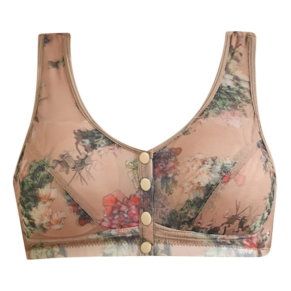 Tumotour Front Open Bras For Women Button No Steel Ring Lace Pattern Wirefree Closeure Nursing Middle-Aged And Elderly Underwear Printed Oversized Push Up Lactation Open Seamless Daily Bra