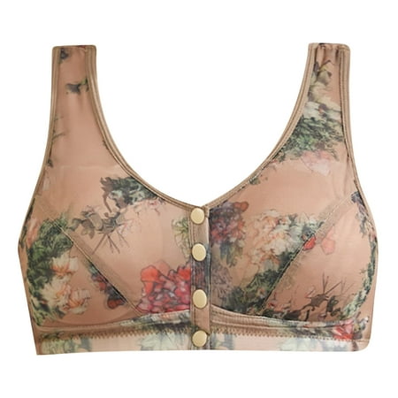 Tumotour Front Open Bras For Women Button No Steel Ring Lace Pattern Wirefree Closeure Nursing Middle-Aged And Elderly Underwear Printed Oversized Push Up Lactation Open Seamless Daily Bra
