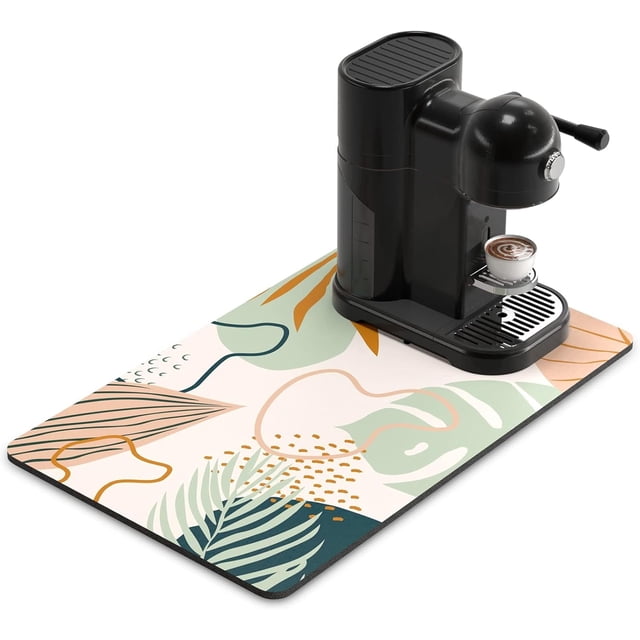 Boho Theme Coffee Bar Mat 12x19 Inch Cute Coffee Bar Mats for Espresso Machine Station Hide Stain Rubber Backed Absorbent Drying Pad for Kitchen Counter Tropical Design