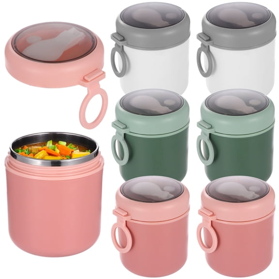 6 Pcs Insulated Food Container Set with Folding Spoon, 17.9 oz Soup Thermal Cup, Stainless Steel Food Jar with Handle, Hot and Cold Food Container for School Office Picnic, Green, White, Pink