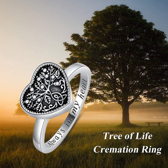 SISGEM 925 Sterling Silver Heart Tree of Life Celtic Knot Cremation Urn Ring Holds Loved Ones Ashes, Always in My Heart Urn Ring for Ashes for Women, Memorial Keepsake Jewelry with Austrian Crystals