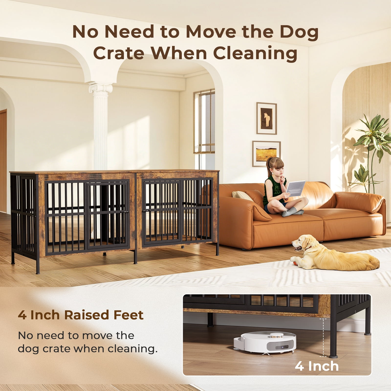 Ironovahome 88" Dog Crate Furniture for 2 Large Dogs with Sturdy Removable Divider and Double Doors, XXL Extra Large Indoor Dog Kennel, Thick Heavy Duty Wooden Dog Cage, Brown