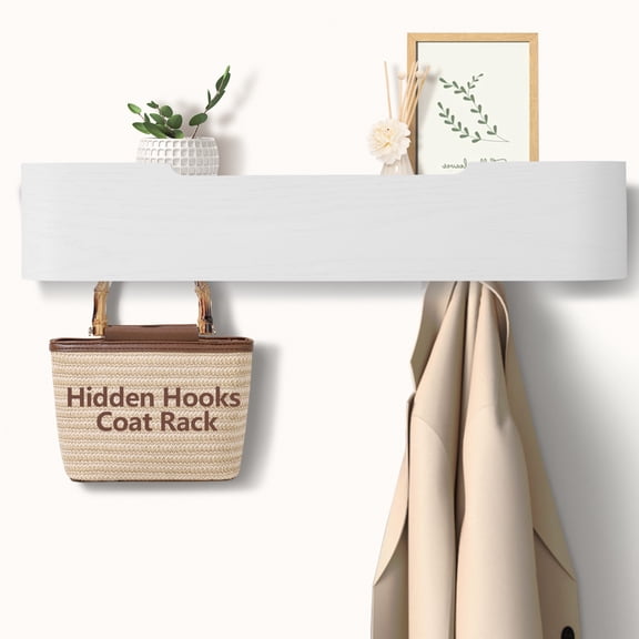 FKS LIFE Wall Mounted Coat Rack with Shelf Modern Coat Rack Wall Mount with Storage Entryway Shelf with 5 Hidden Metal Hooks for Living Room Bathroom Kitchen Bedroom