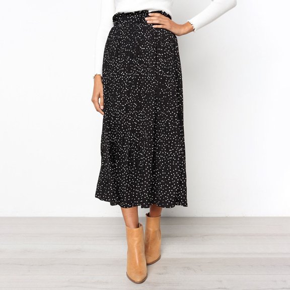 FAOWME Women's Skirt Elastic Waist Polka Dot Print Elegant Comfortable Fashion Skirts For Casual Daily Wear,Black,L