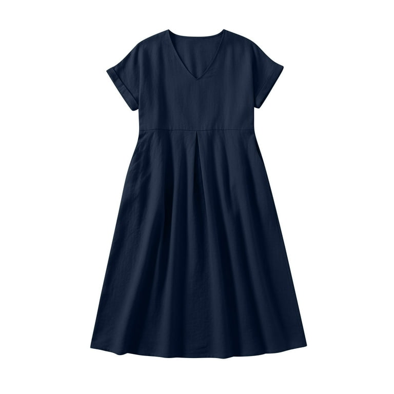 Linen Dress Sevevn Women's Linen V-Neck Short Sleeve Midi Dress with  Pockets Loose Fit Casual Dress Navy XXL - Walmart.com
