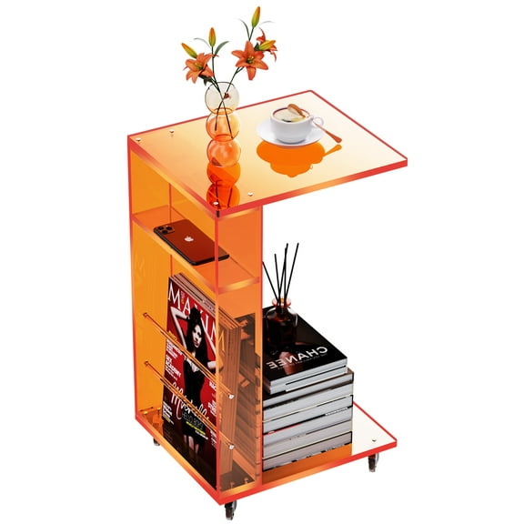 Clear Acrylic Rolling Side Table, C Shaped Table with Wheels, Fit for Small Spaces, Living Room, Bedroom (Clear)