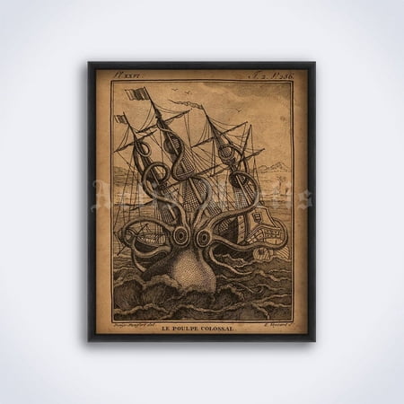 Poster Kraken, giant octopus, sea monster, vintage fantasy art, mysterious creature, cryptozoology, cryptid print, Poster -UNFRAMED