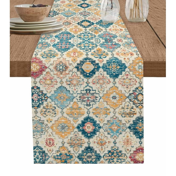 Hokiten Table Runners 90 Inches Long Dress Scarves, Morocco Ethnic Farmhouse Coffee/Dining/Kitchen Table Runner for Living Room, Boho Country Retro Abstract Checked 13x90 Inch
