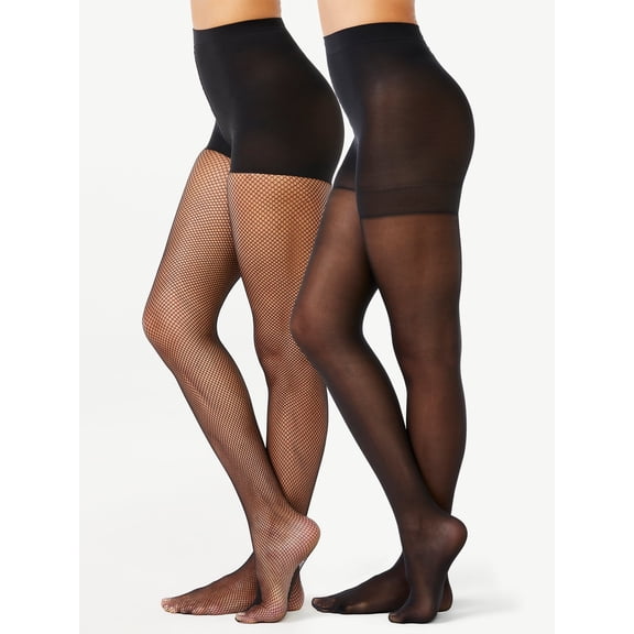 Women's 2-Pack Fishnet & Basic Pantyhose Set - Black (M) - Nylon/Spandex Blend Tights