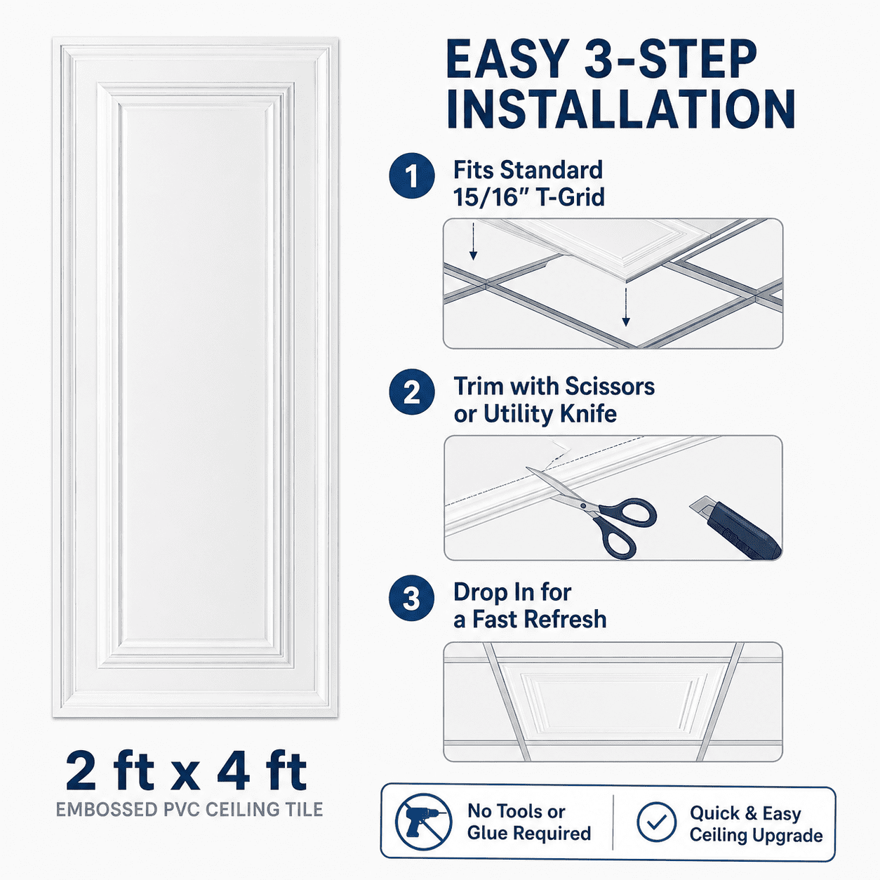 12-Pack PVC Drop Ceiling Tiles, 2 x 4 ft Decorative Ceiling Panels, Waterproof Lightweight Drop-in or Glue-up Ceiling Covers for Basement, Kitchen, Bathroom, Covers 96 sq ft