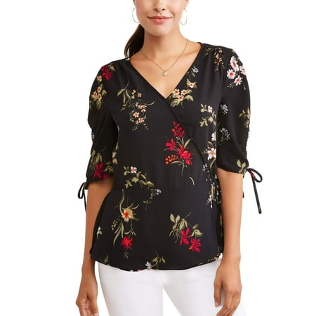Stretch Knit Wrap Top - Alison Andrews Women's Ruched Elbow Sleeve V-Neck Wrap Top