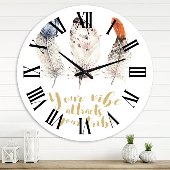 Designart 'Ethnic Feathers Your Vibe Attracts Your Tribe Ii' Bohemian & Eclectic Wall Clock