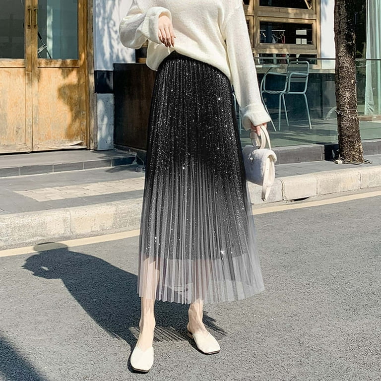Fsqjgq Women's Black Pleated Skirt Gradient Starry Sky Shiny Fsqjgq Women's Black Pleated Skirt Gradient Starry Sky Shiny