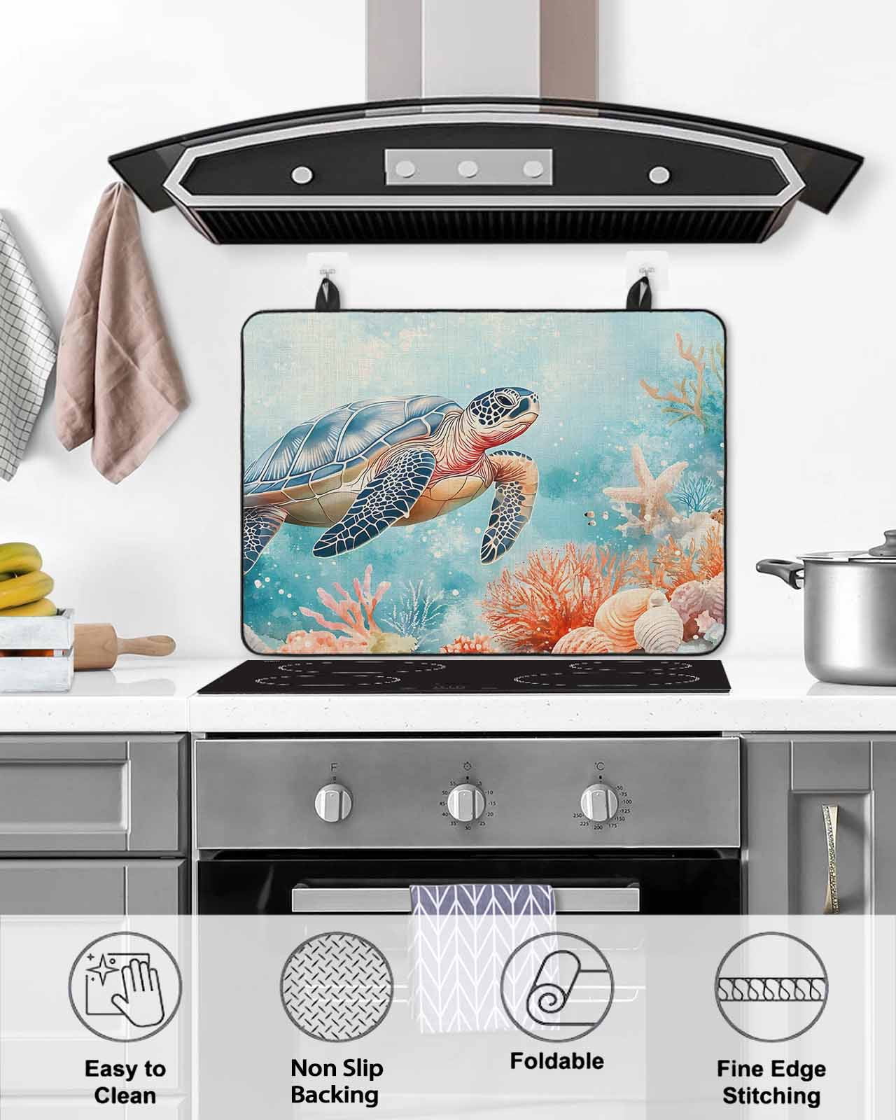 nqOlkjepod Large Induction Cooktop Protector Mat 24"x21", Ocean Turtle Stove Top Covers for Electric Stove, Coastal Blue Coral Starfish Shell Stove Burner Cover Mats, Glass Top Stove Cover