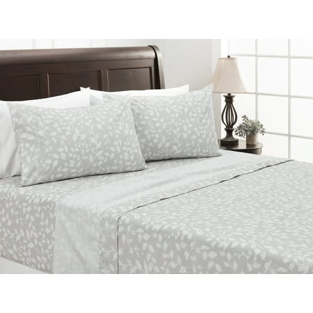 Chanasya 4-Piece Printed King Sheet Set - Ultra Soft Small Leaves Print 1 Flat Sheet  1 Fitted Sheet  2 Pillowcases - Wrinkle Fade Stain Resistant - Luxurious Brushed Microfiber - Gray - King