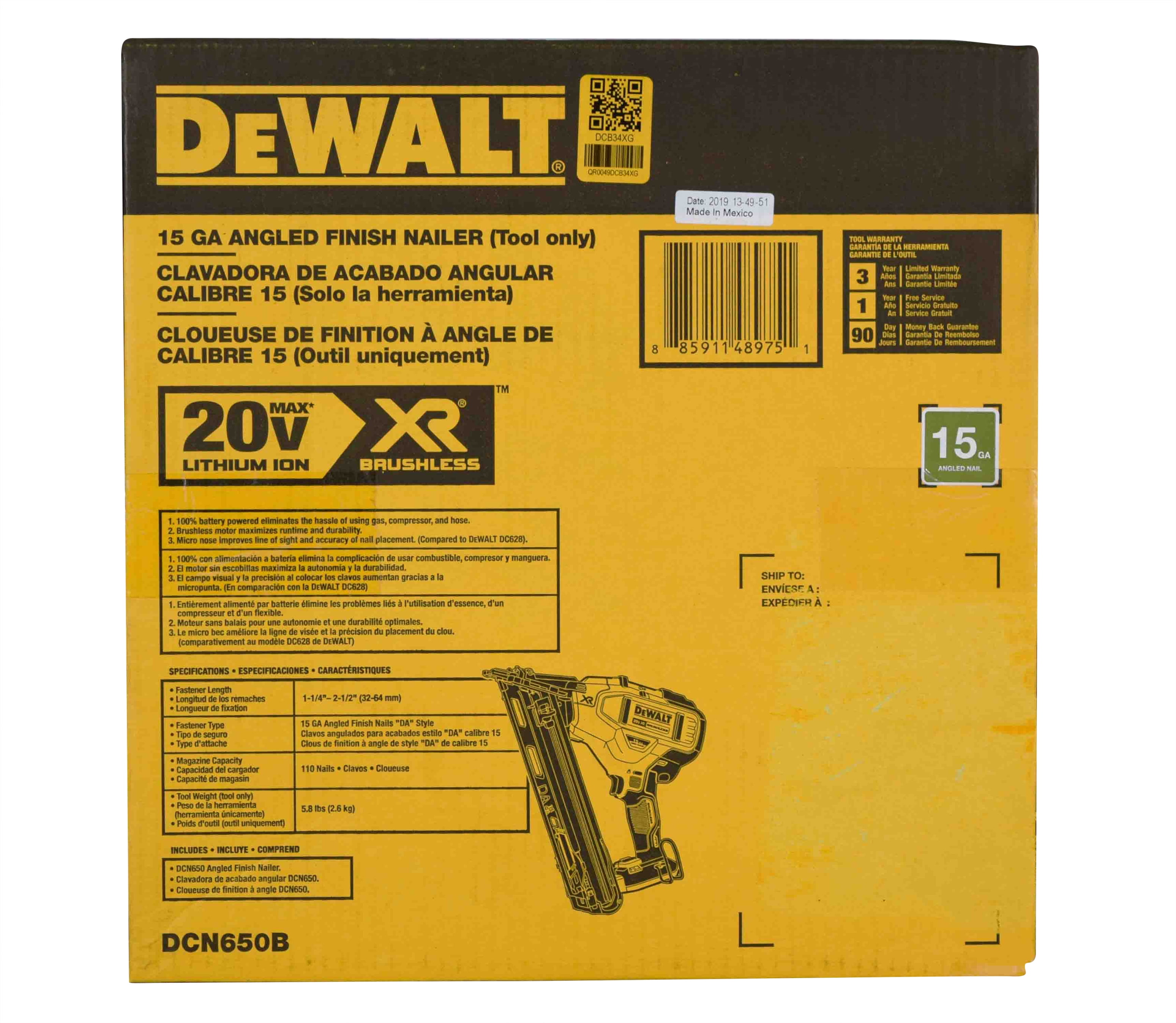 Dewalt 20V Max - Clavadora de acabado angular de calibre 15 (DCN650B)