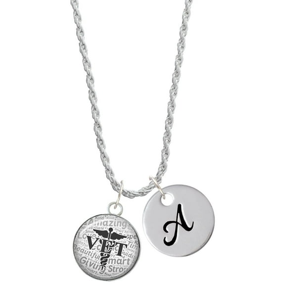 Delight Jewelry Silvertone Domed Black VET Silvertone Script Initial Disc - A - Charm Necklace, 20" 3"