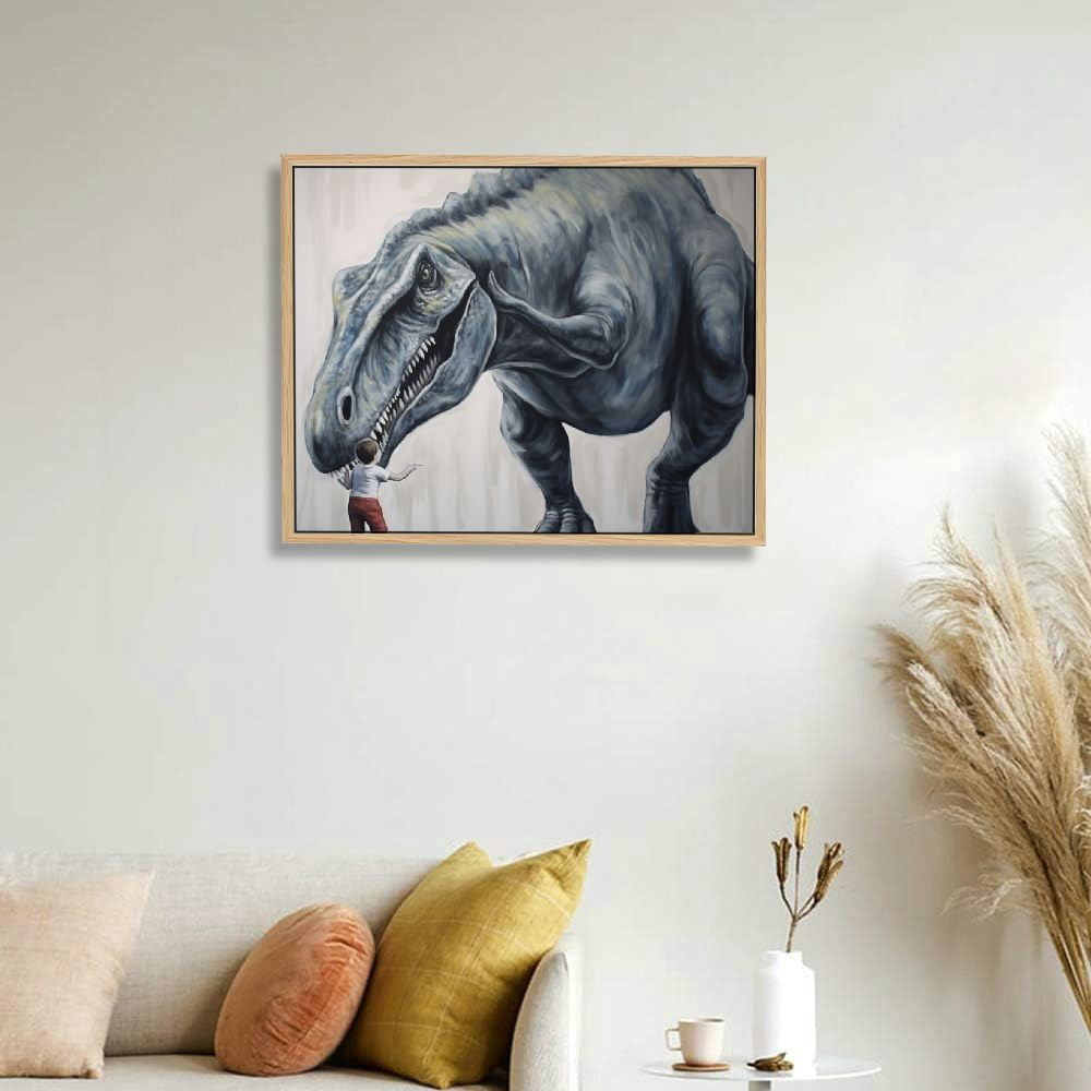 JRXY Dinosaur Room Decor for Bedroom Kitchen Bathroom Painting Wall Art Print Poster, Lovely Baby Boy Touching Dinosaur in The Forest Canvas Art Home Office Apartment Decor for Teens Picture 3