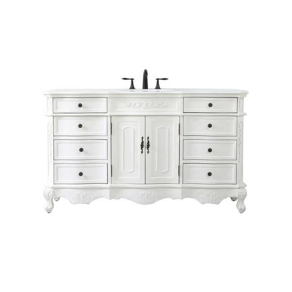 60 in. Single Bathroom Vanity with Ivory White Engineered Marble, Antique White