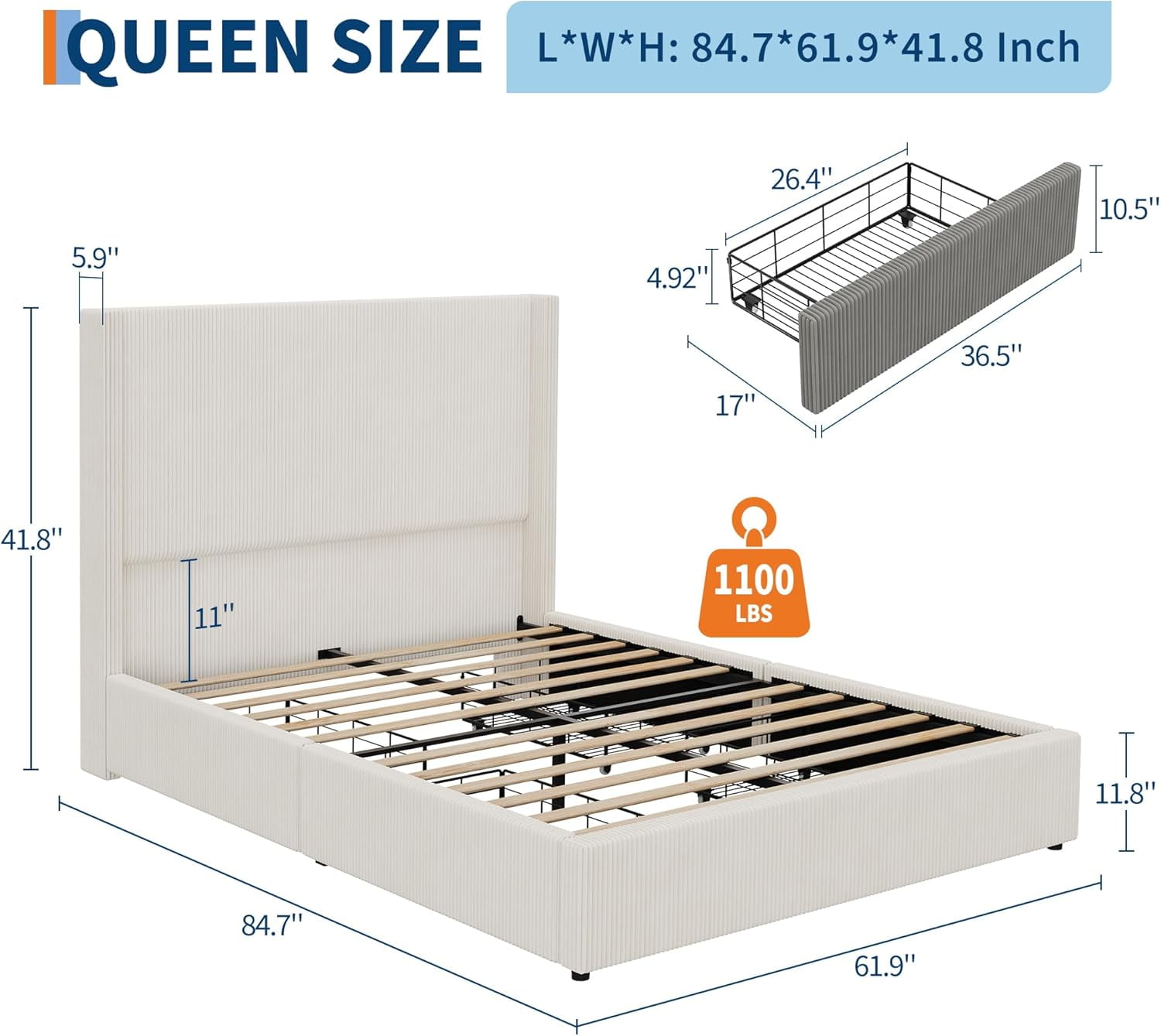 Queen Size Upholstered Platform Bed Frame with Storage Drawers, Corduroy Wingback with Tufted Headboard and Footboard, No Box Spring Needed, Grey