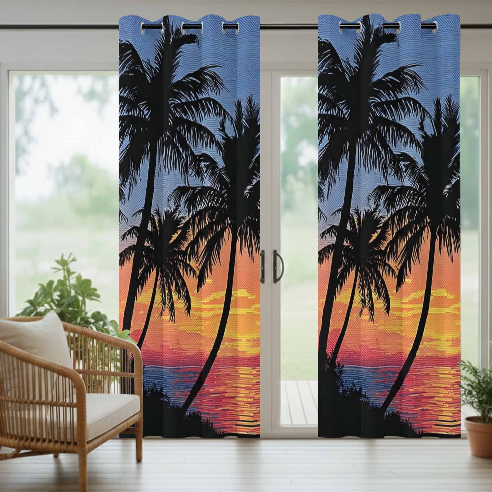 Palm Trees Island Outdoor Curtains for Patio, Summer Tropical Plants Silhouettes Sunset Sunshade Privacy Drapes Grommet Waterproof Outside Curtains for Porch/Cabana/Balcony 54"x 108", 1 Panel
