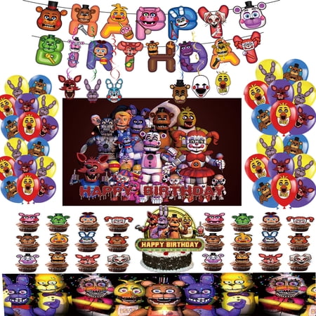 Freddy s Birthday Party Supplies include Banner Cake Cupcake Toppers Freddy s Balloons Background Tablecloth for Kids Adults Birthday Party Decoration