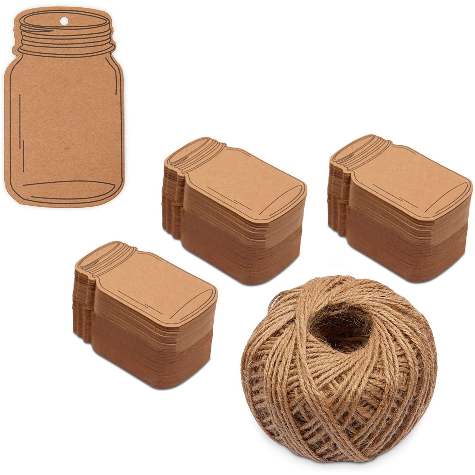 300 Pcs Brown Kraft Paper Gift Tags, with 225 feet Natural Jute Twine, Mason Jar Shaped 1.75" x