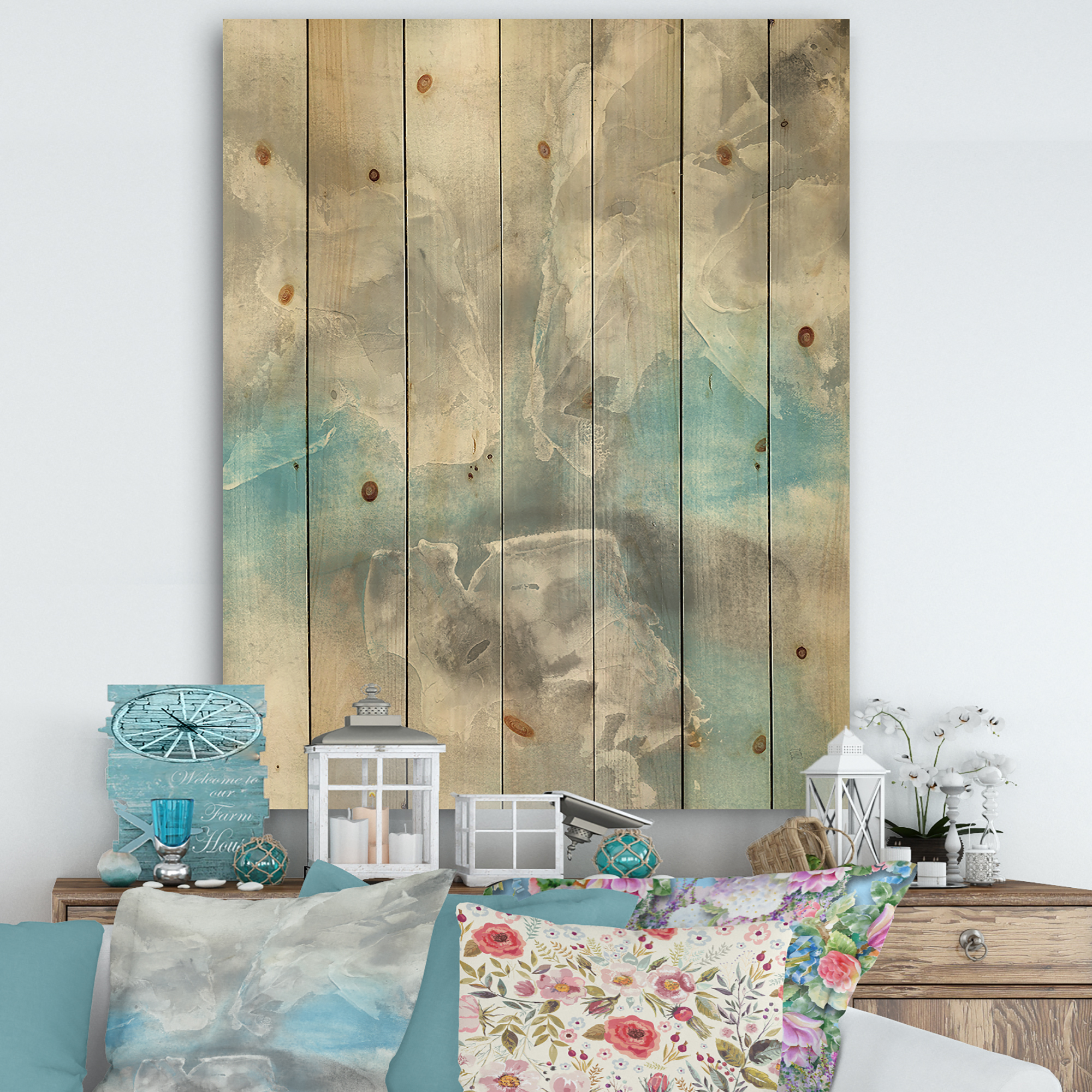 Designart 'Watercolor Minimal Blue Tones I' Mid-Century Modern Print on Natural Pine Wood